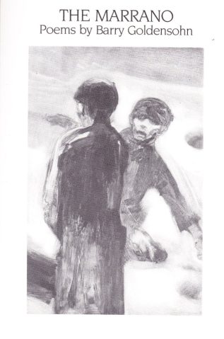 black and white drawing of two boys, one is kneeling and looking up at the other