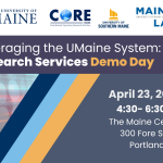 Logos for University of Maine, CORE services, University of Southern Maine, Maine Law, and the UMaine Portland Gateway with stripes and a tech image background