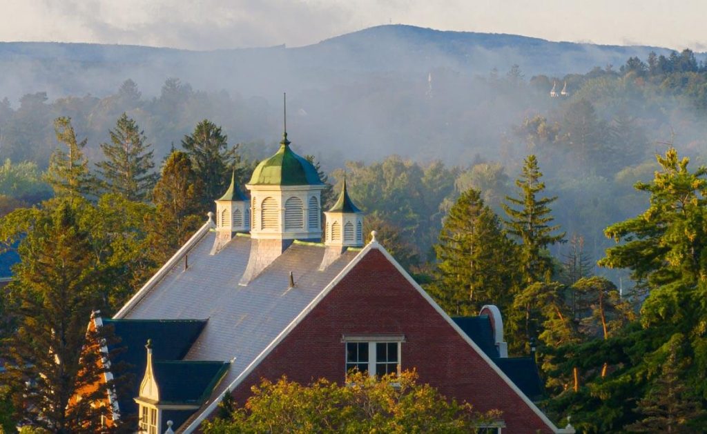 A photo of Winslow Hall on a foggy morning