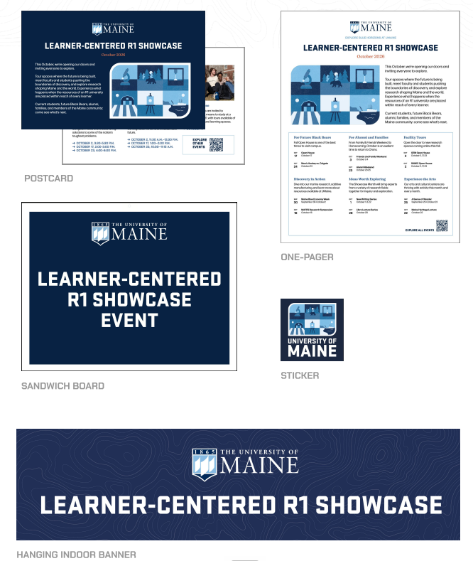 Promotional design layouts for University of Maine Learner-Centered R1 Showcase event.