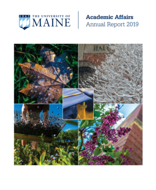 Cover of 2019 Academic Affairs annual report. Four close up images around campus with a graduation cap in the center.