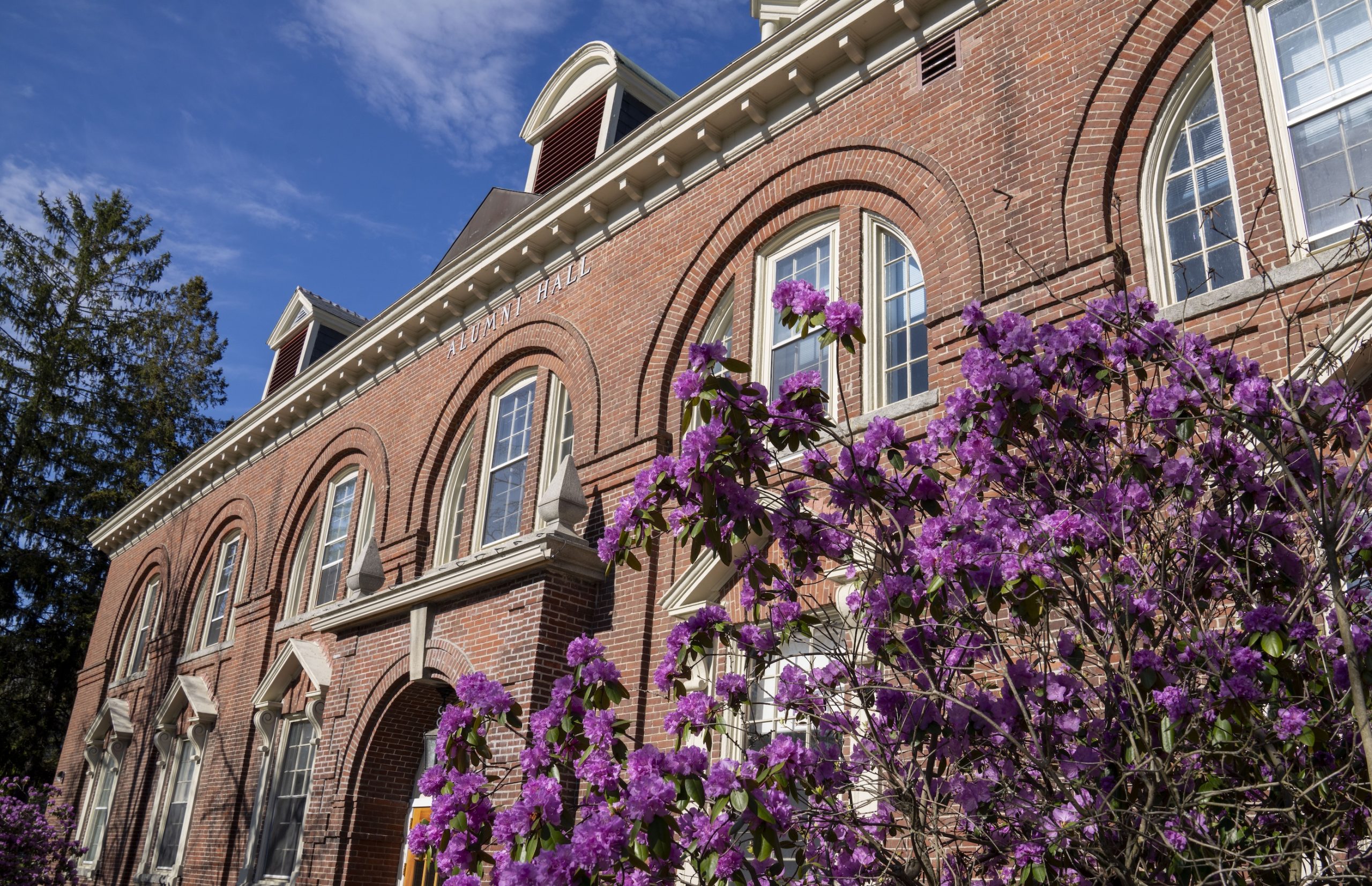 Alumni hall with flowering rhododendrons