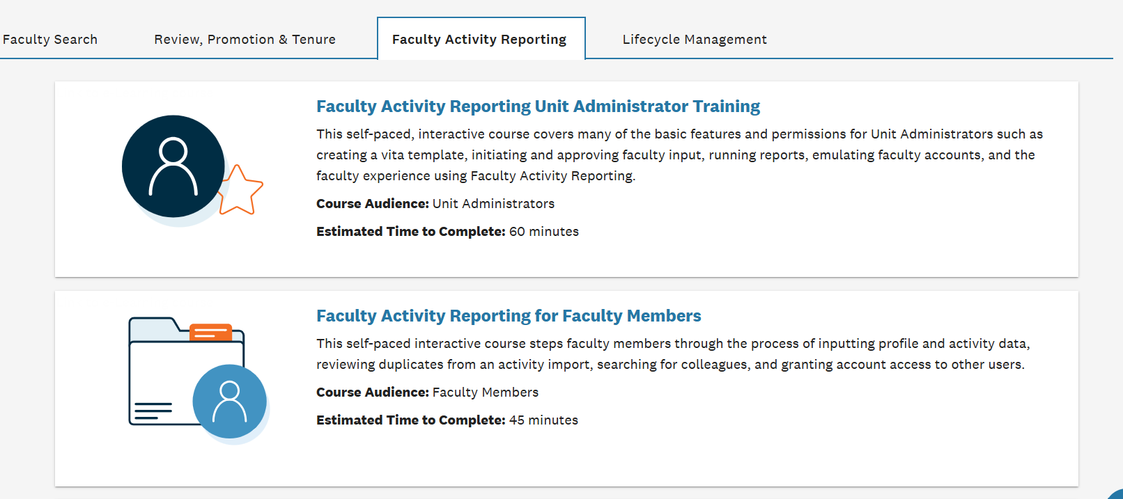 The Faculty Activity Reporting Tab. The image shows two training options, one for Unit Administrators and one for Faculty Members.