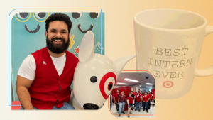 A composite photo of Jon Guzman alongside images of his Target team and a mug