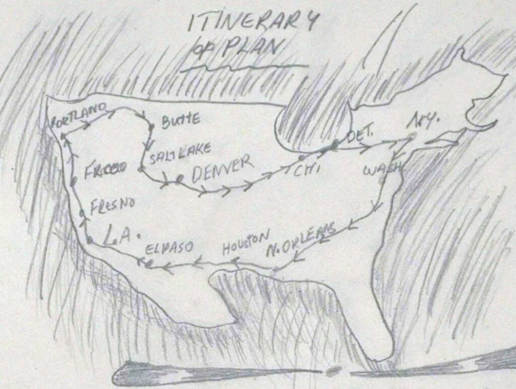 Pencil drawn itinerary on notebook paper