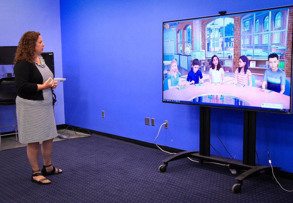 Angelosante uses virtual-reality student avatars to train educators how to respond to real classroom behavior.