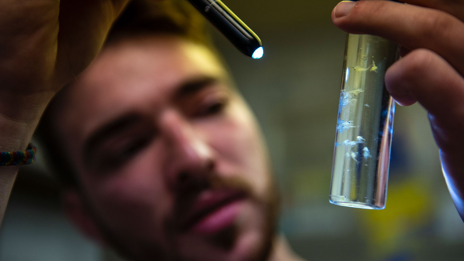 Student holding sample