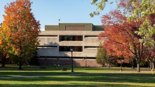 Picture of Fogler Library in autumn