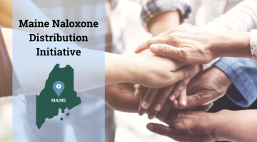 Image of people joining hands. Maine Naloxone Distribution Initiative text. Maine graphic.