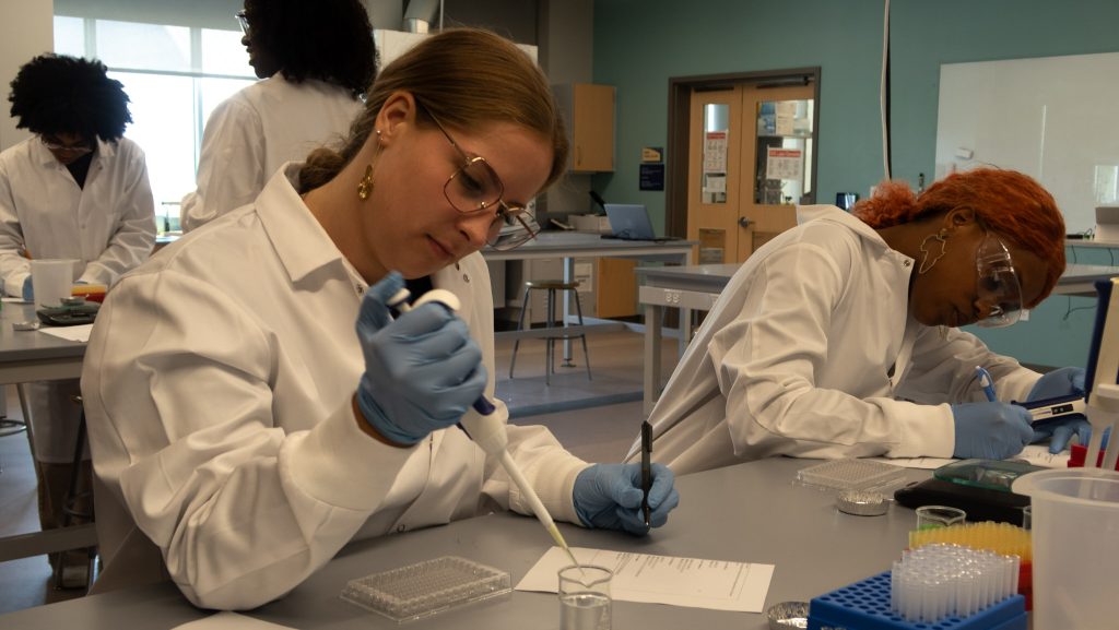 A photo of students working in a lab
