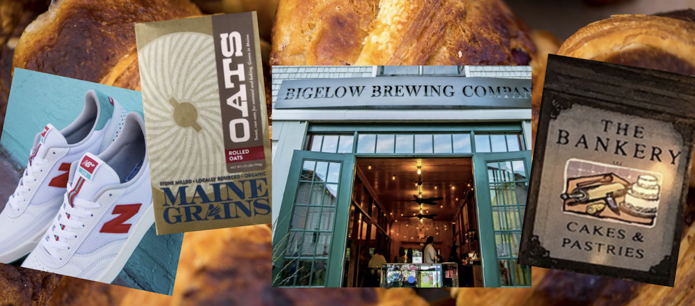 collage showing New Balance sneakers, Maine Grains brochure, entrance to Bigelow Brewing Company, and The Bankery Cakes & Pastries sign