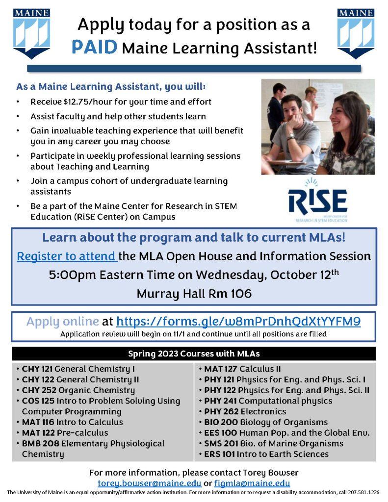 Maine Learning Assistant Spring 2023 flyer