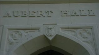 Aubert Hall label in stone