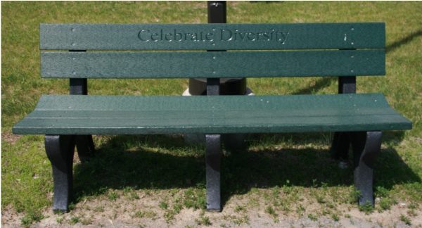 Park bench with words Celebrate Diversity