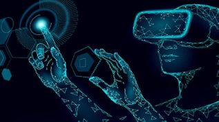Vector image of person wearing VR headset and touching point cloud information on a black background.