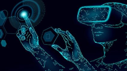 Vector image of person wearing VR headset and touching point cloud information on a black background.