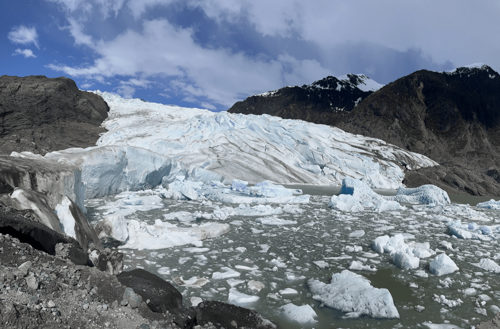 Ice breaking off of Mendenhall Glacier and floating away.