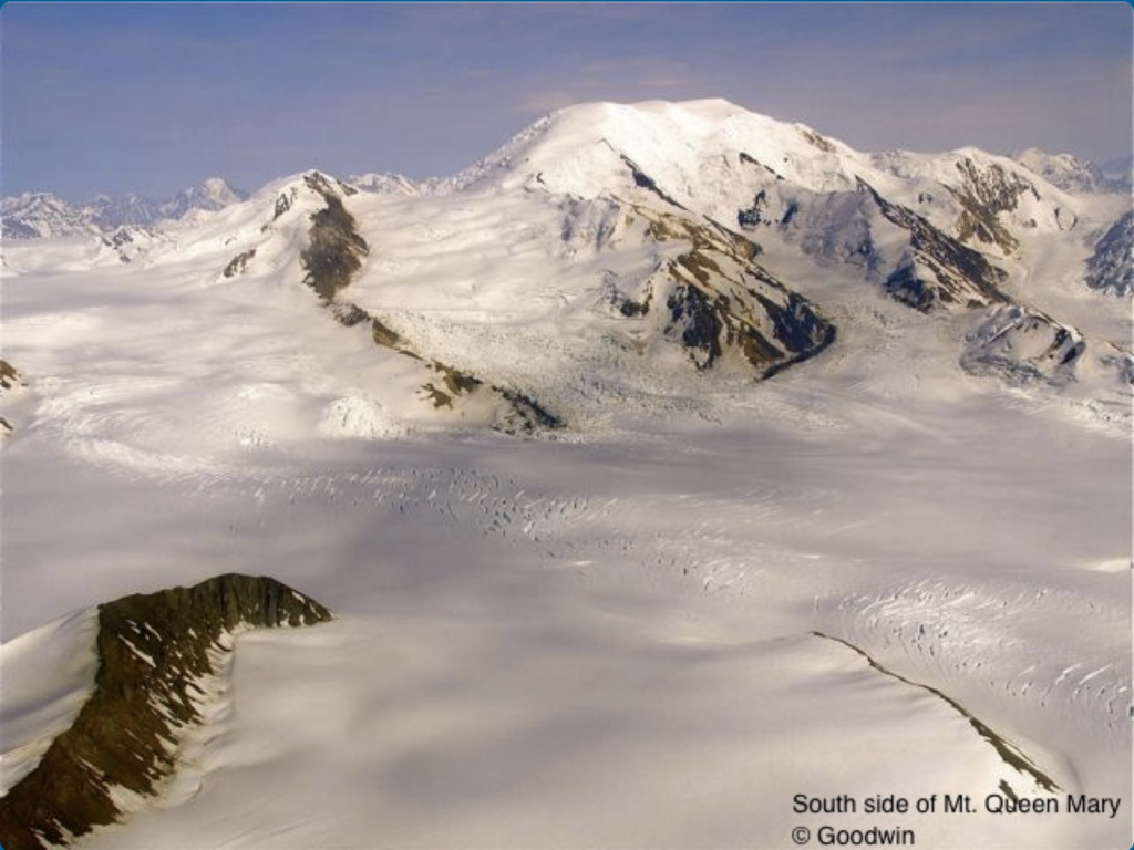 Aerial view of the south side of Mt. Queen Mary at Icefield Disvocery Glacier Camp.