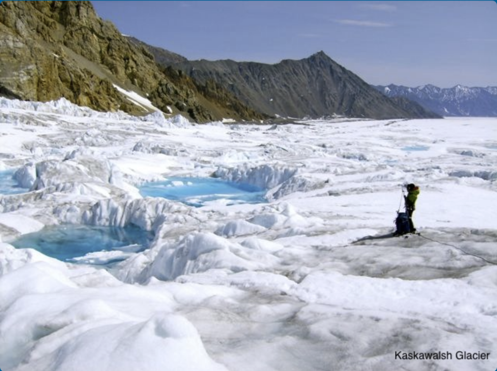 Bright blue pools in ice pockets around Kaskawalsh Glacier.