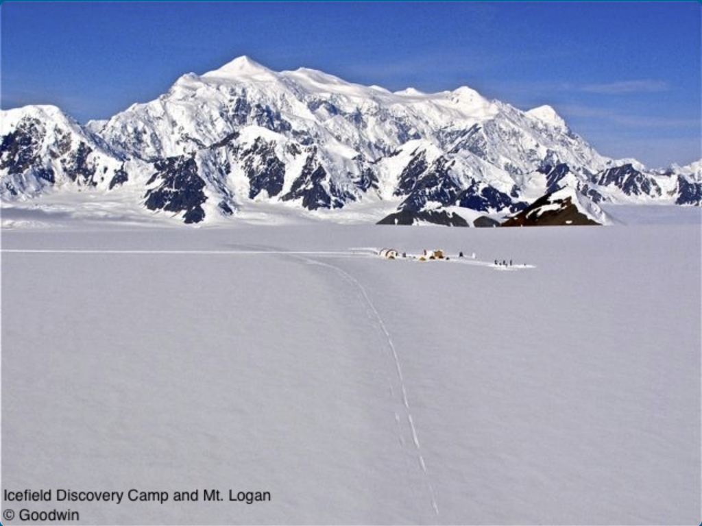 Icefield Discovery Glacier Camp snowfield and mountains.