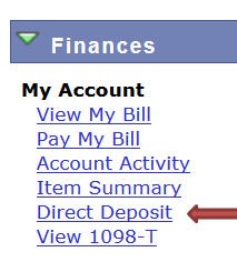 A screenshot showing my account calls to action with the Direct Deposit option indicated by an arrow.