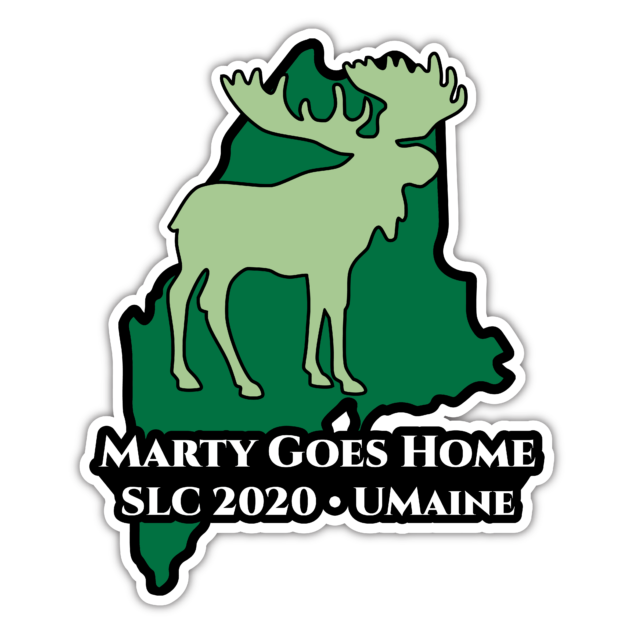 slc 2020 conference logo. light green moose and the text "marty goes home. slc 2020. UMaine." in the foreground. Dark green shape of the state of maine in the background