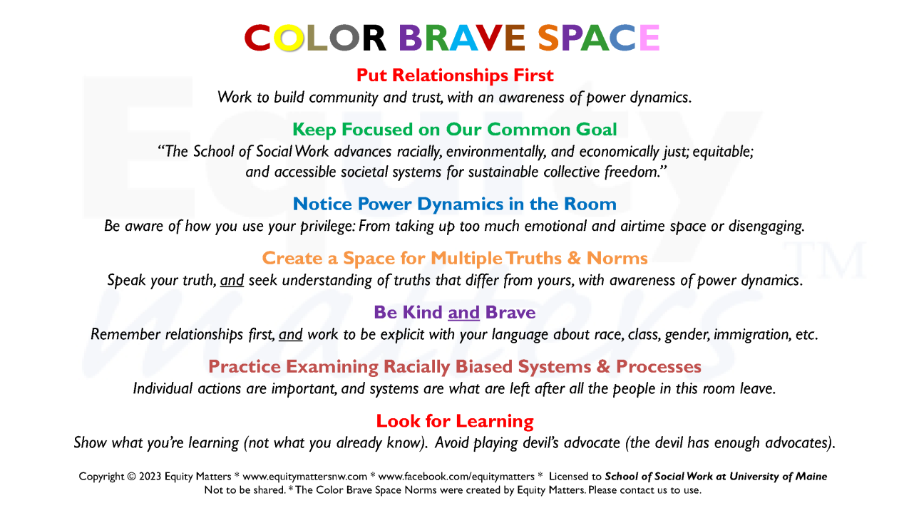 A colorfully formatted description of Color Brave Space, the full text is at the bottom of this page, and is also available at this link: https://umaine.edu/socialwork/resource/color-brave-space/