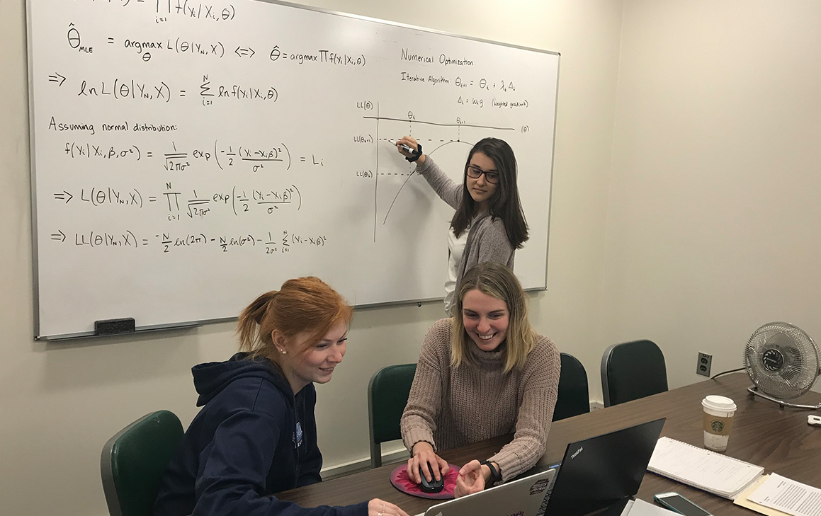 A photo of students working on a whiteboard