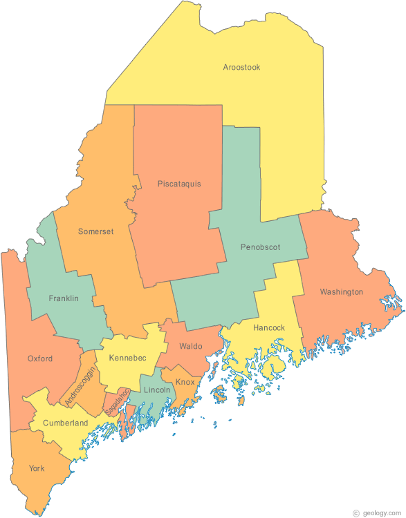 A map of the state of Maine showing its 16 counties