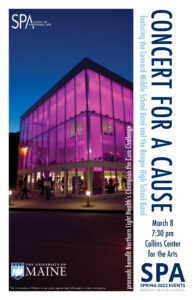 Concert for a Cause poster, featuring an image of the Collins Center for the Arts lit up at night