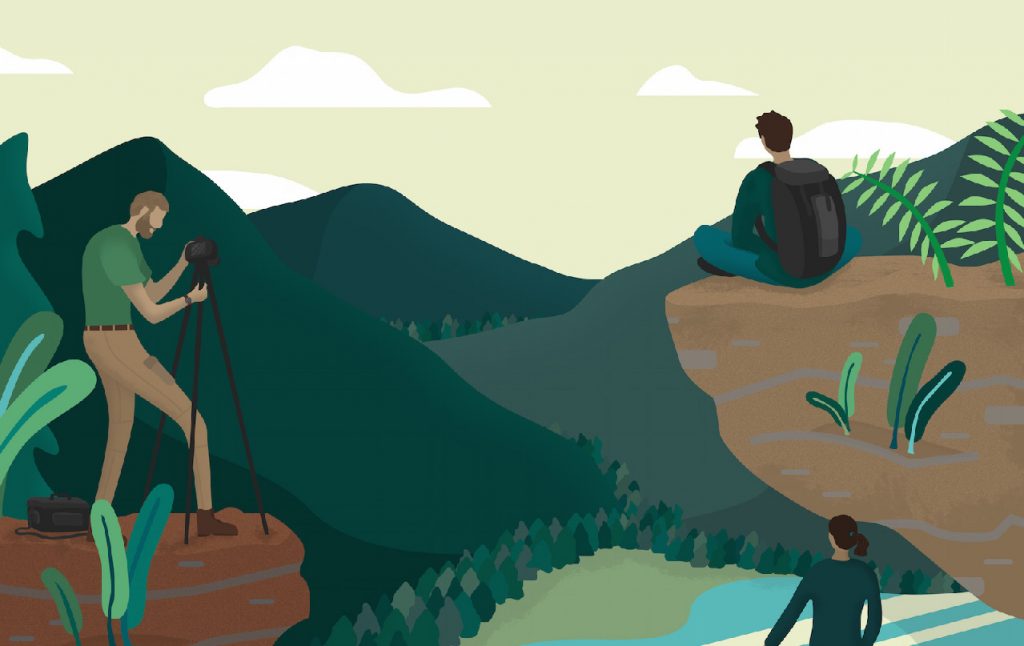 illustration of people out in nature, observing and taking photographs