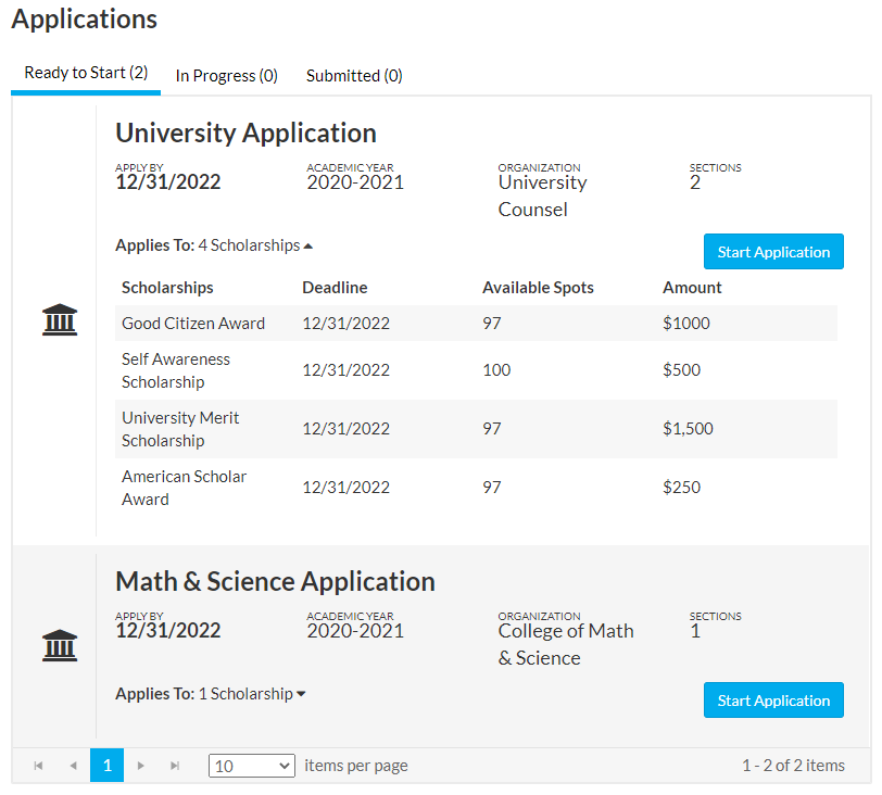 Visual example of the ScholarshipUniverse applications page