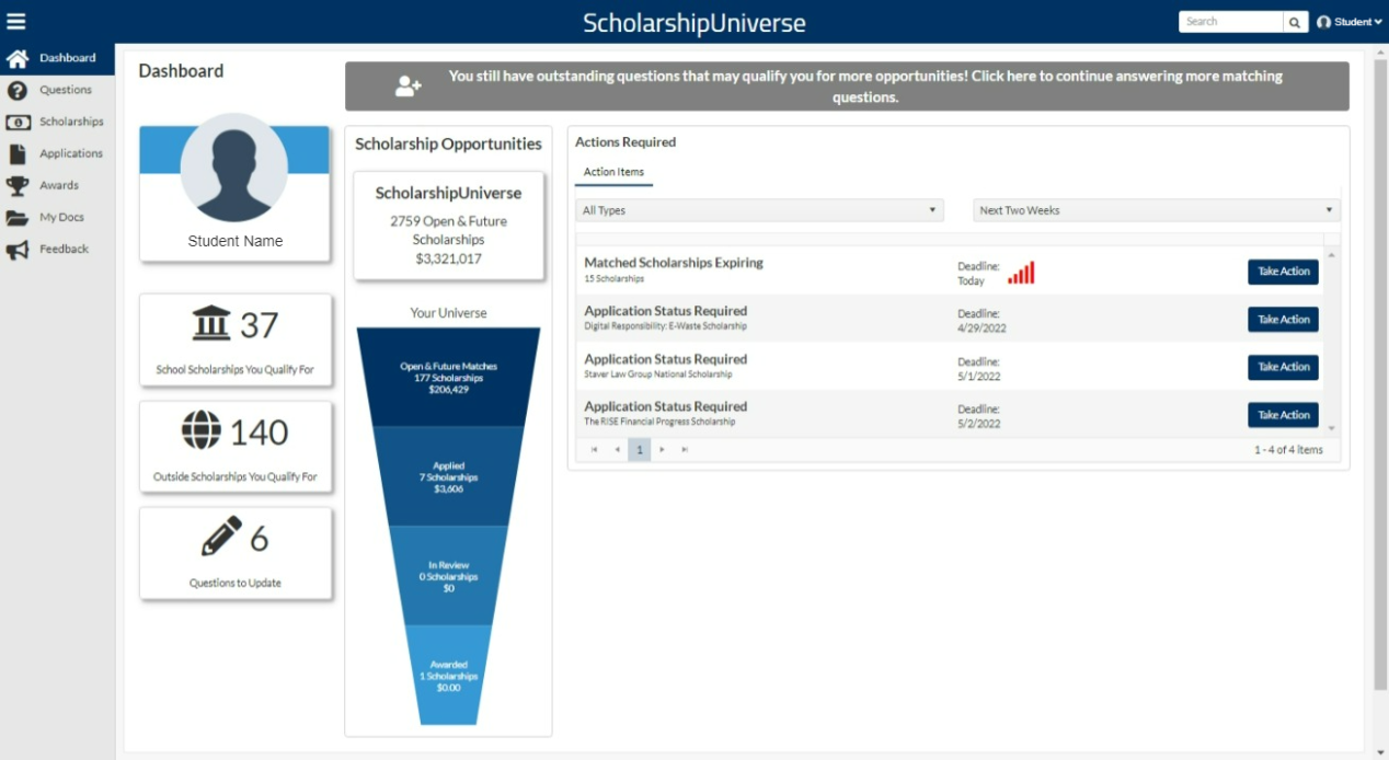 Visual example of the ScholarshipUniverse student dashboard