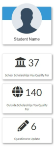 Close in visual example of ScholarshipUniverse student dashboard