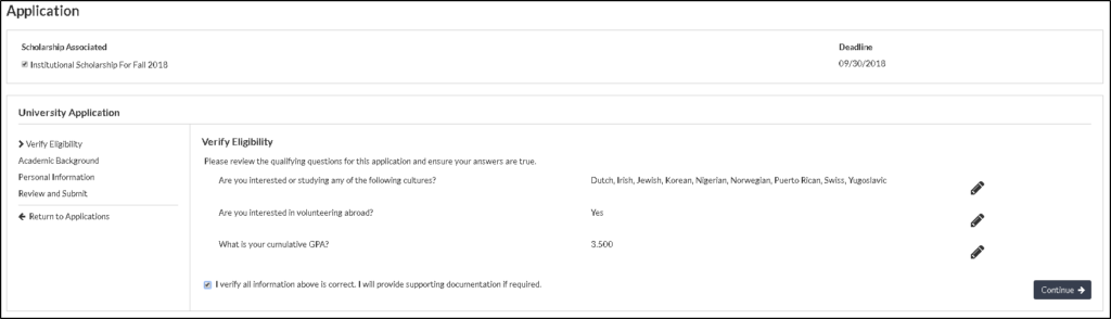 Close-in visual example of the ScholarshipUniverse applications page