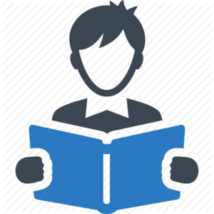 Ilustration of a faceless head and torso holding a blue book.