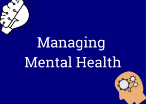 Managing mental health with image of a brain/lightbulb and thinking head