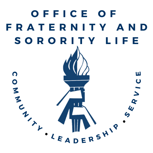 Office of Fraternity and Sorority Life, two hands holding a torch above the words community, leadership, and service