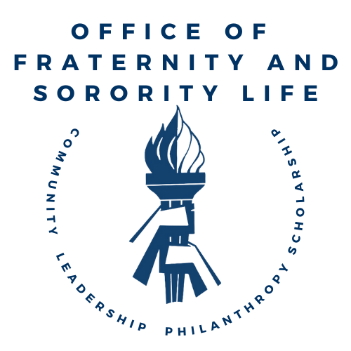 Office of Fraternity and Sorority Life, two hands holding a torch above the words community, leadership, and service