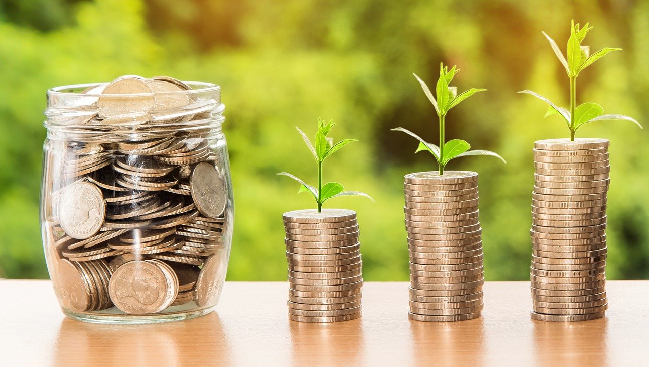 Stock image of plants growing from coins