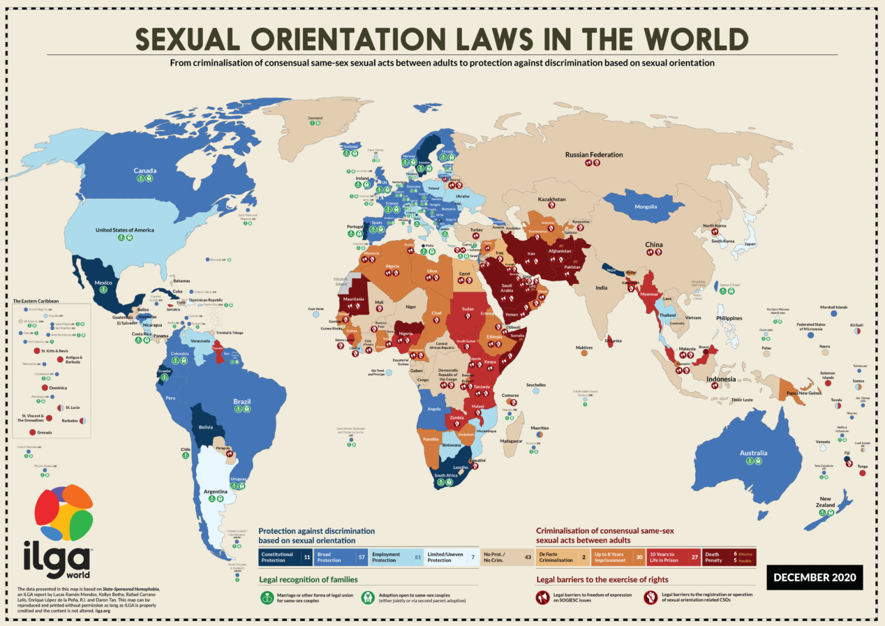A map that shows sexual orientation laws by country. Click image for more information.