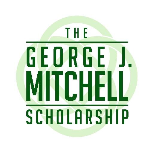 A green Celtic knot and text that reads "The George J Mitchell Scholarship"