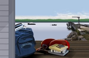 Summer University 2018 poster depicting coastal scene with backpack and books on dock