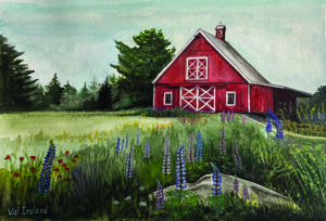 Summer University 2021 poster art depicting a red barn with lupines in the foreground
