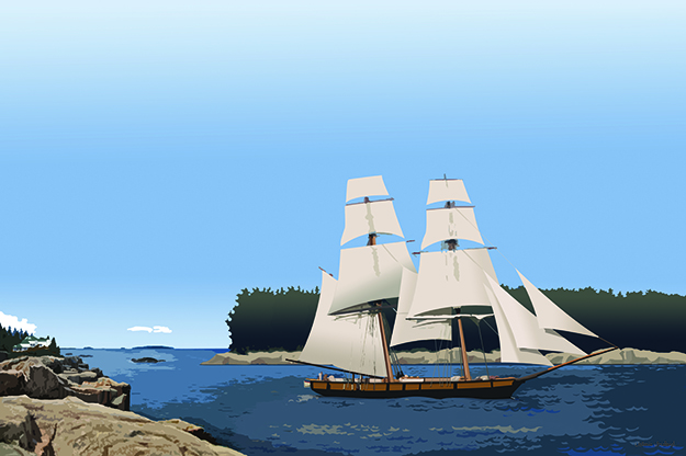 art by Val Ireland depicting a sailboat off the coast of Maine