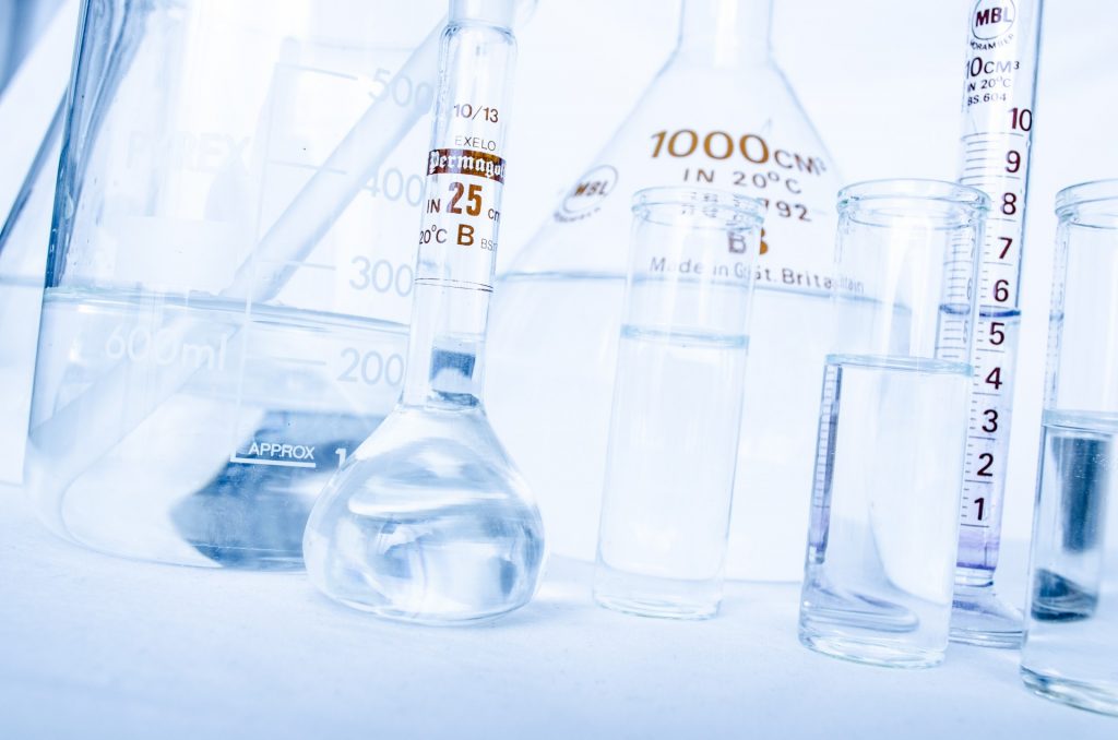 water filled beakers