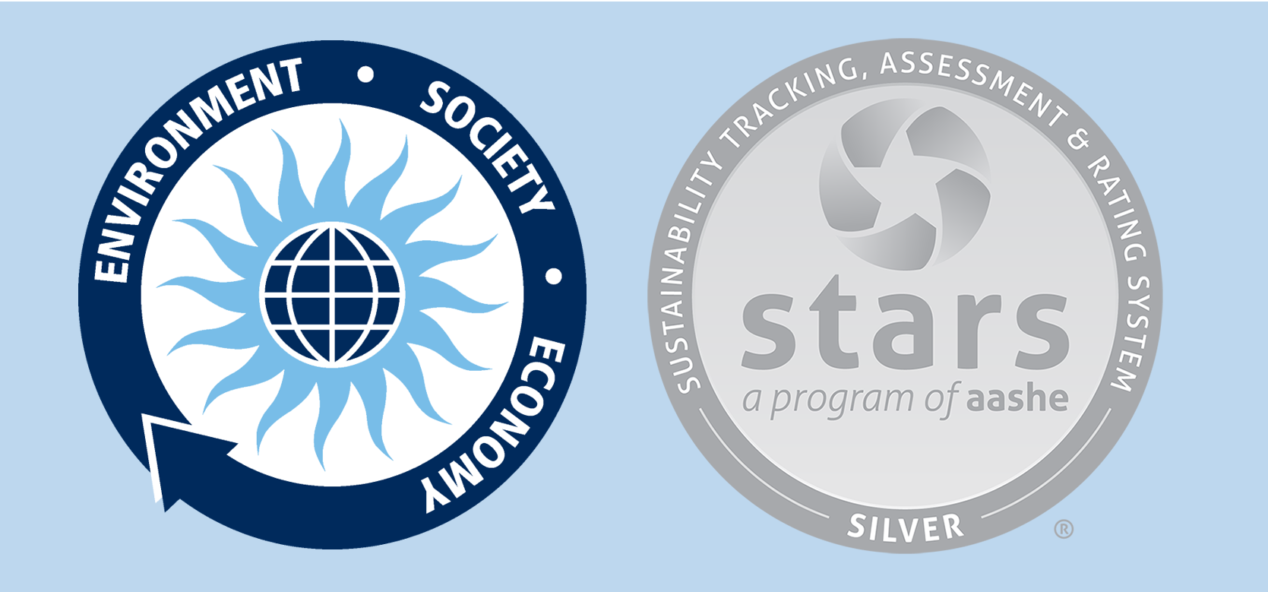 Banner for UMaine's Sustainability commitment, containing the Office of Sustainability Logo and the STARS Silver Seal