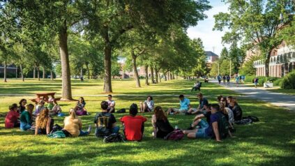 Students attend class on the Mall at UMaine