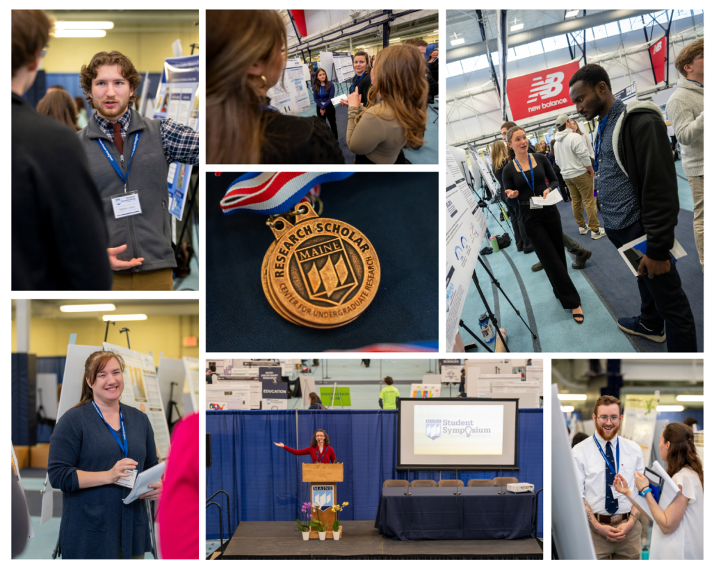 Collage of images taken at UMSS24: features students interacting with symposium attendees as they discuss their research and creative activity.