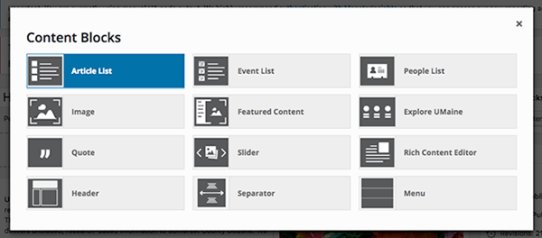 screenshot of content blocks pop up menu